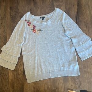 Tribal Women Gray Floral Embroidered Knit Ruffle Layered 3/4 Sleeve Sweater Lg